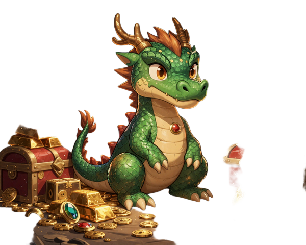 Dragonia Casino Drachen-Maskottchen auf Goldschatz in der Schatzh&ouml;hle